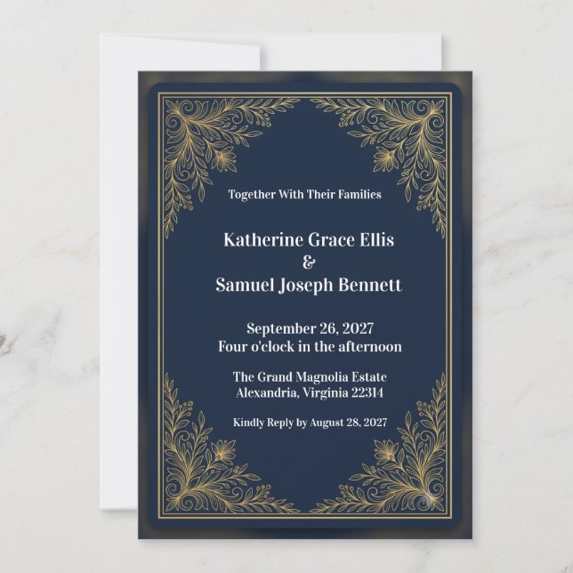 Convite de Casamento Formal Azul Marinho e Dourado (Frente)