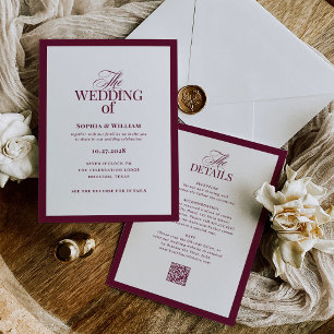 Convite de Casamento Formal Borgonha   Código QR R