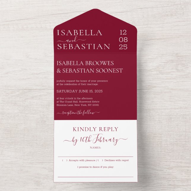 Convite de casamento formal burgundy para responde (Inside)