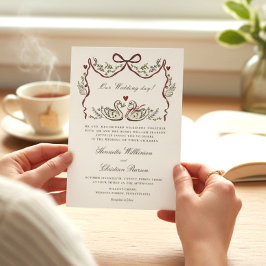 Convite de Casamento Formal Cisnes com Laço Vermel