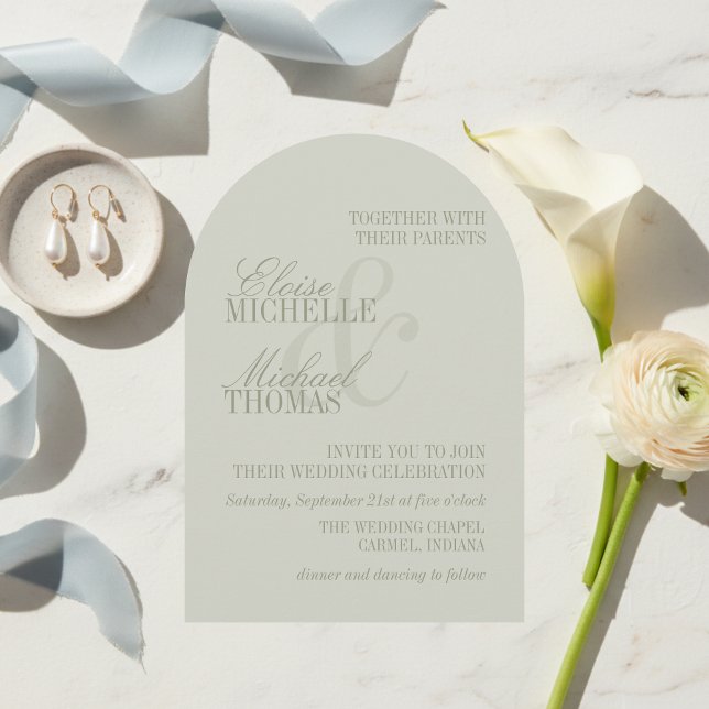 Convite de Casamento Formal com Arco em Verde Oliv (Modern Script Sage Green Formal Arch Wedding Invitation)