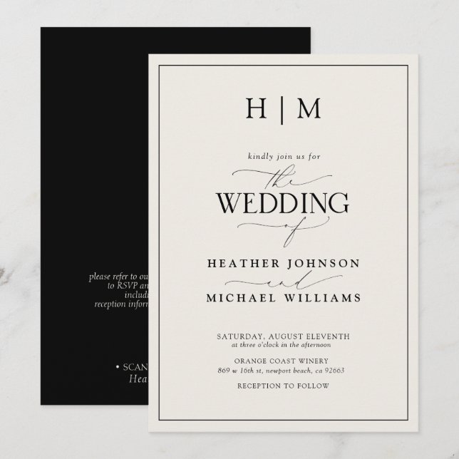 Convite de Casamento Formal com QR Code Preto e Mo (Frente/Verso)