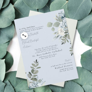 Convite de Casamento Formal Dusty Blue Floral Noiv
