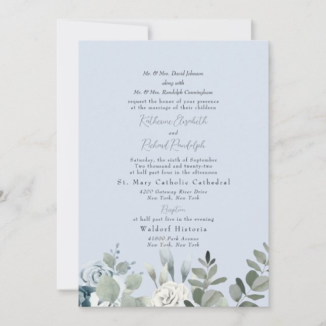 Convite de Casamento Formal Dusty Blue Floral para (Frente)