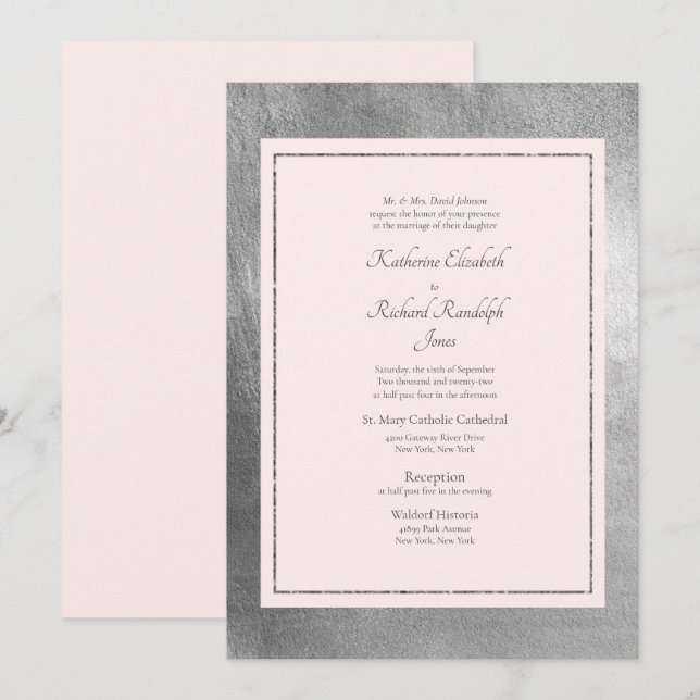 Convite de Casamento Formal e Elegante Rosa e Prat (Frente/Verso)