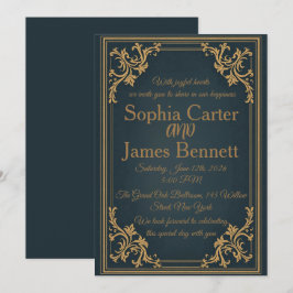 Convite de Casamento Formal Elegante Navy Dourado