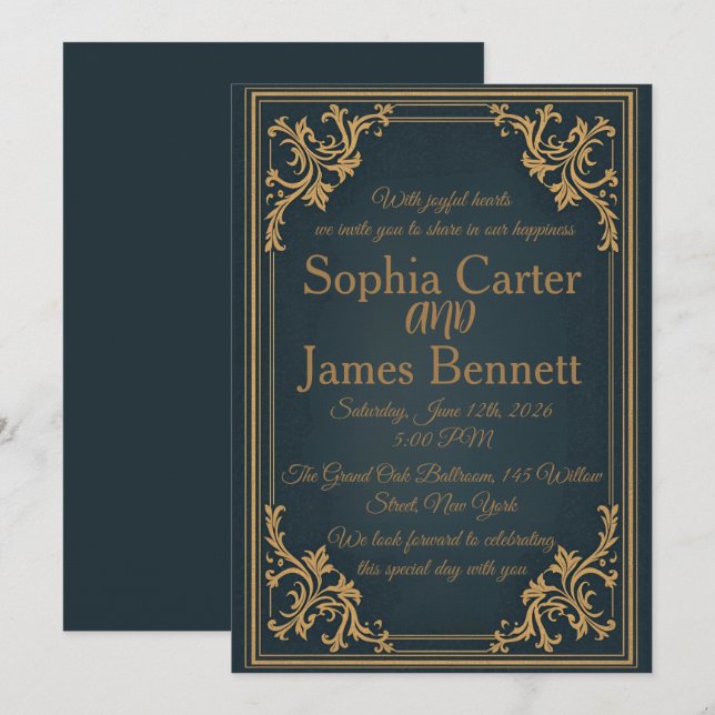 Convite de Casamento Formal Elegante Navy Dourado (Frente/Verso)