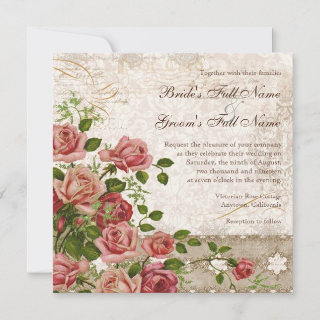 Convite de casamento Formal Elegante Tea Rosa Vint (Frente)