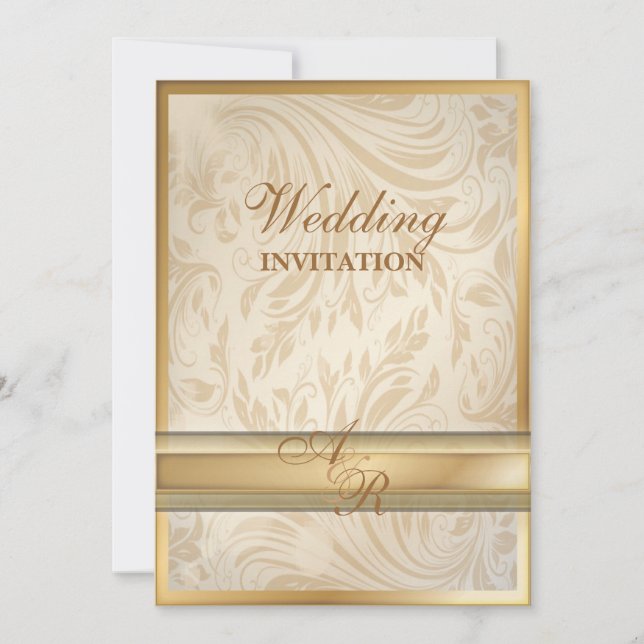 Convite de Casamento formal em Damasco dourado cha (Frente)