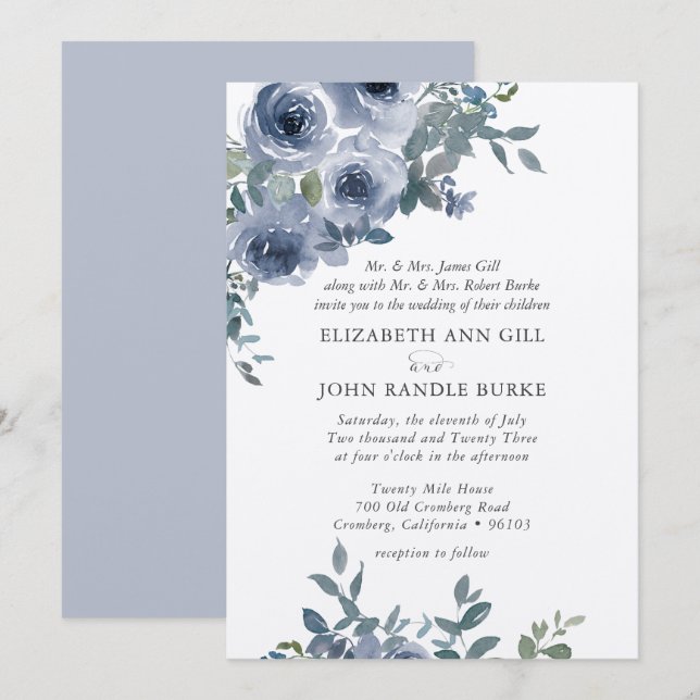 Convite de Casamento Formal Floral Azul e Cinza (Frente/Verso)