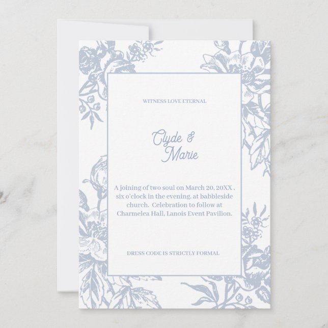 Convite de Casamento Formal Floral Azul Elegante | (Frente)