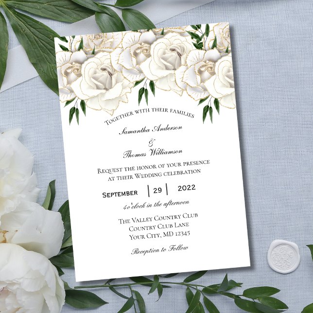 Convite de Casamento Formal Floral Rosa Ouro Branc (White Gold Roses Floral Wedding Invitation. Printed or Digital instant download. Elegant and Formal)