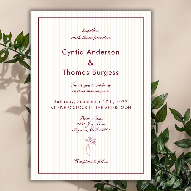 Convite de Casamento Formal Listrado Bege Borgonha (Criador carregado)