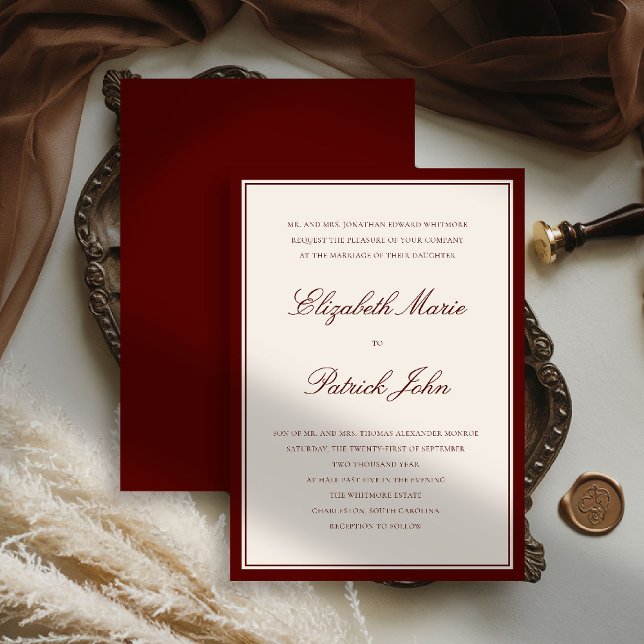 Convite de Casamento Formal Moderno Clássico Quadr (deep burgundy wedding invitation quiet luxury old money double frame formal modern classic parents)