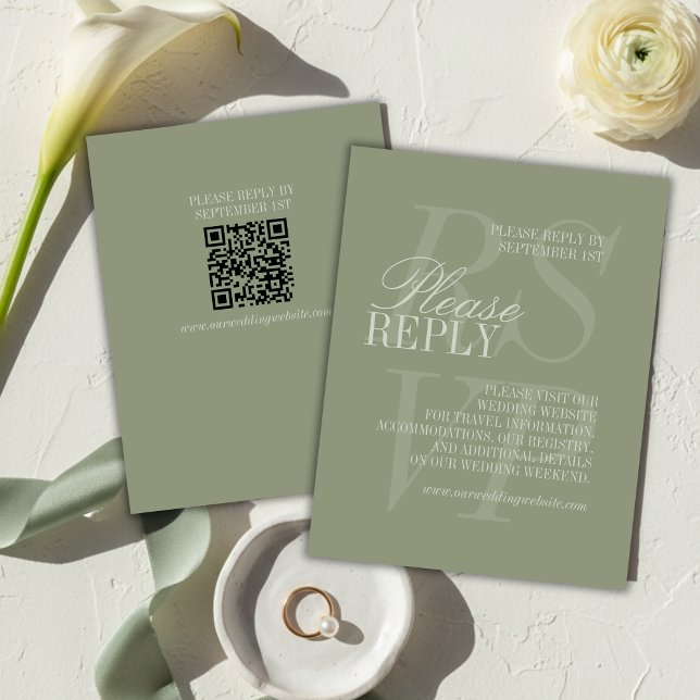 Convite de Casamento Formal Moderno em Verde Sage  (Modern Script Sage Green QR Formal Wedding RSVP Card)