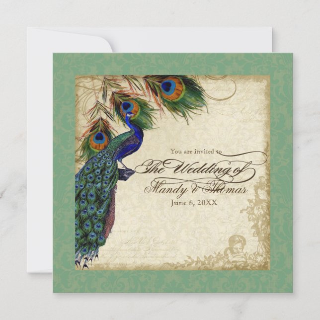 Convite de casamento Formal Pavock & Feather Verde (Frente)