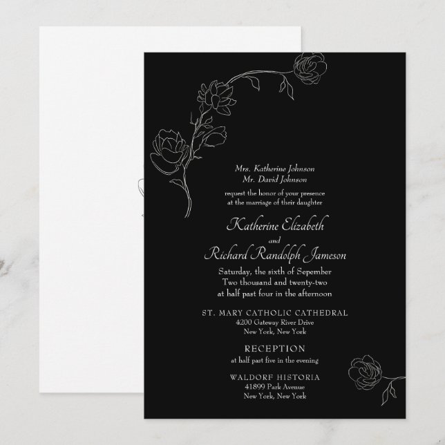 Convite de Casamento Formal Preto Contorno de Jasm (Frente/Verso)