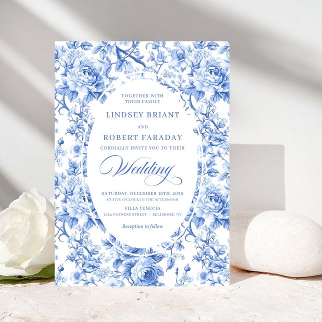 Convite de Casamento Formal Toile de Jouy Rosa Azu (Classic Navy Blue Toile Rose Formal Wedding Invitation)