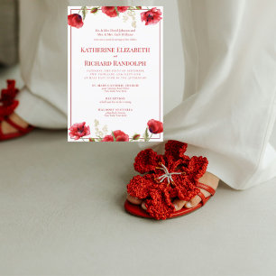Convite de Casamento Formal Vermelho Floral & Bran