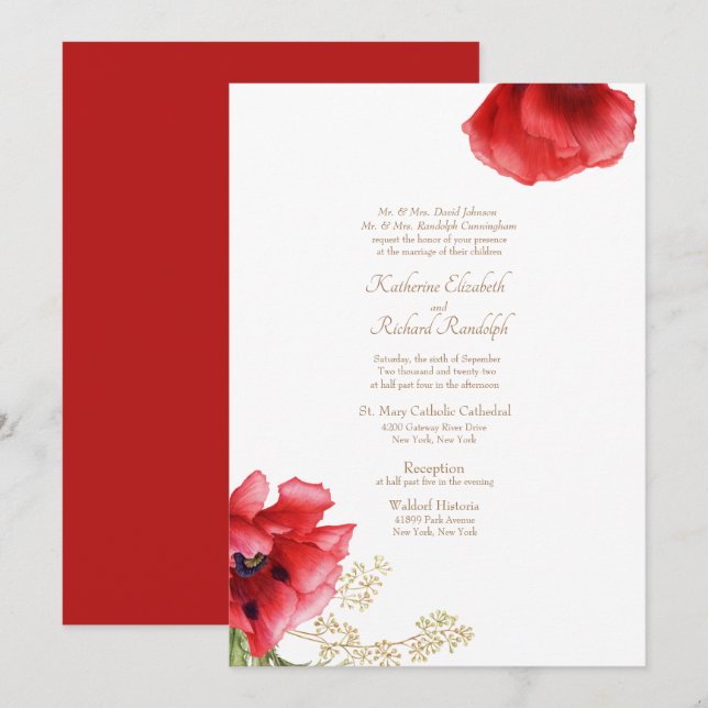 Convite de Casamento Formal Vermelho Floral & Dour (Frente/Verso)