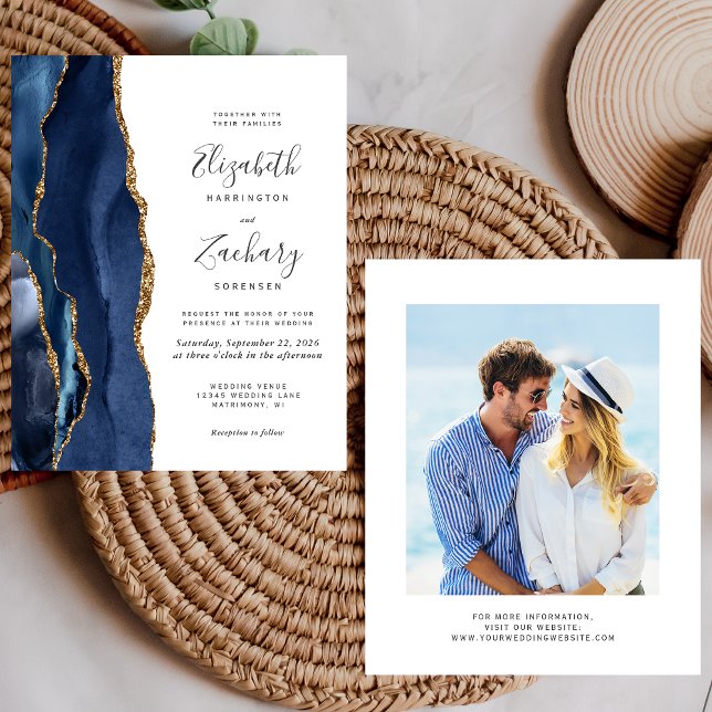 Convite de Casamento Foto Ágata Dourada Azul Marin (Criador carregado)