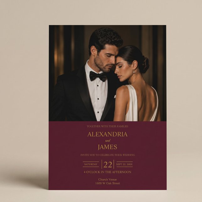 Convite de Casamento Foto Borgonha Moderno e Elega (Criador carregado)