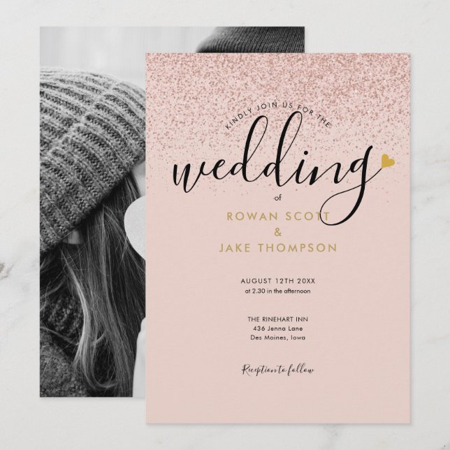 Convite de Casamento Foto Brilho Rosa Dourado Chic (Frente/Verso)