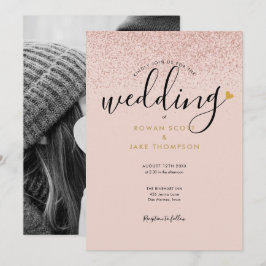 Convite de Casamento Foto Brilho Rosa Dourado Chic