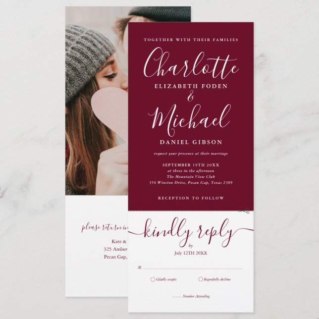 Convite de Casamento Foto Burgundy Modern Script T (Frente/Verso)