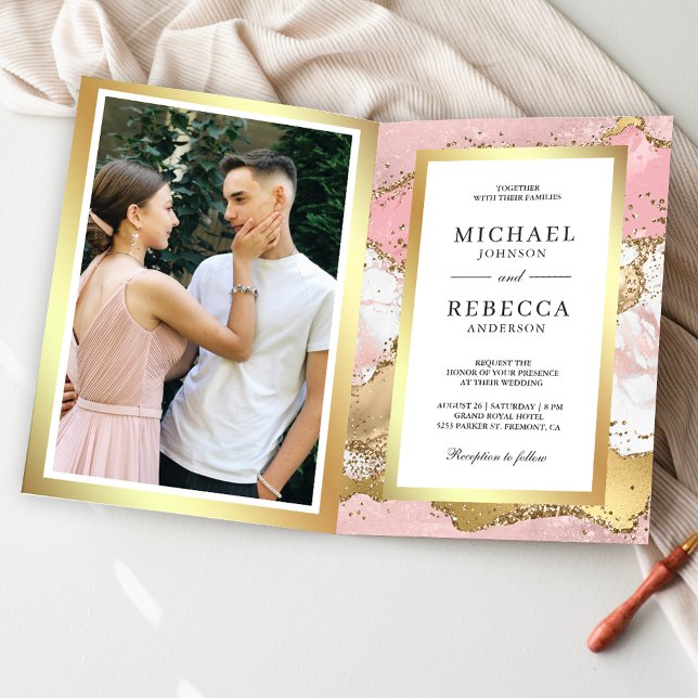 Convite de Casamento Foto Código QR Mármore Rosa B (Criador carregado)