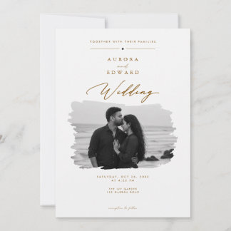 Convite de Casamento Foto com Grafismo Dourado Ele