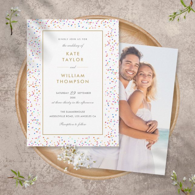 Convite de Casamento Foto Confete Arco-Íris Chic (Criador carregado)