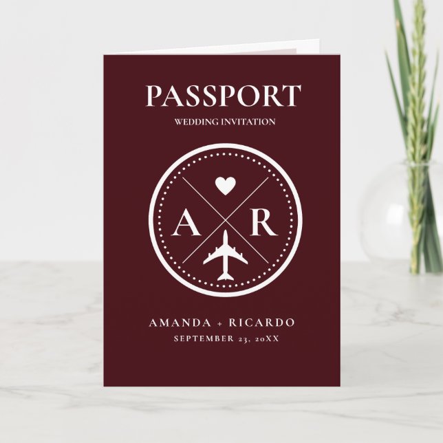 Convite de Casamento Foto de Passaporte Burgundy E (Frente)