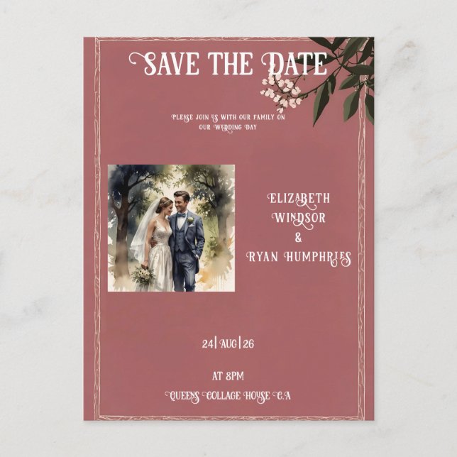 Convite de Casamento Foto Elegante Rosa (Frente)