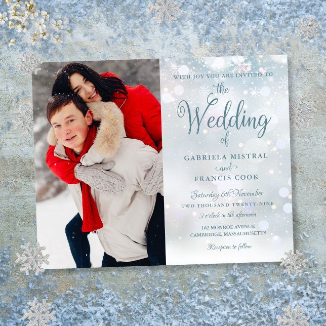 Convite de Casamento Foto Flocos de Neve de Invern (Budget Winter Snowflakes Photo Wedding Invitation)