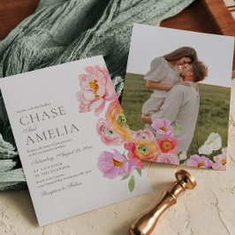 Convite de Casamento Foto Floral Brilhante Aquarel