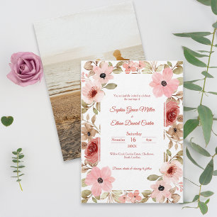 Convite de Casamento Foto Floral Elegante Rosa