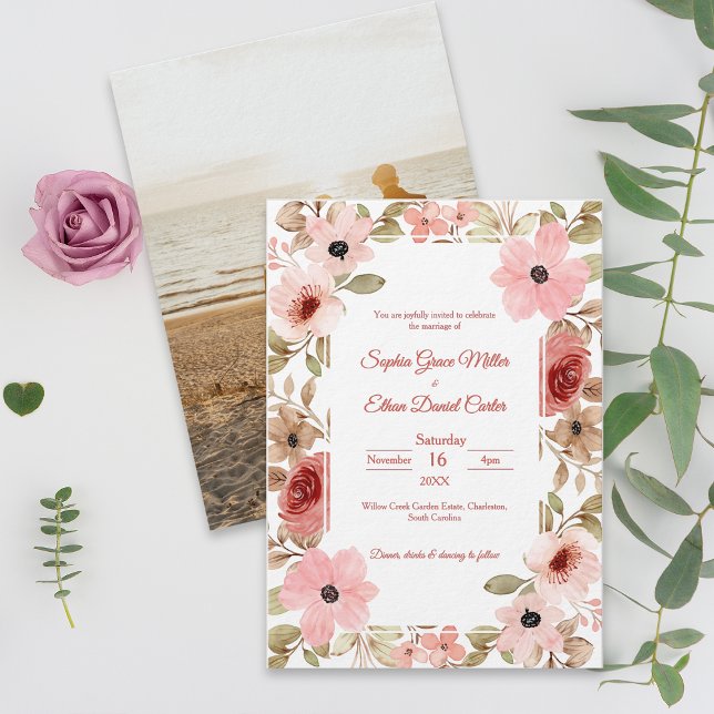 Convite de Casamento Foto Floral Elegante Rosa (Blush Floral Elegant Photo Wedding Invitation)