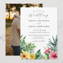 Convite de Casamento Foto Flores Tropicais Aquarel