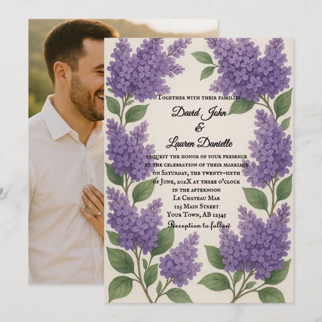 Convite de Casamento Foto Lilás Sonho (Frente/Verso)