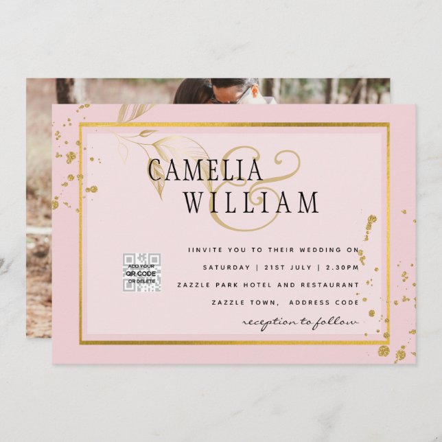 Convite de casamento FOTO moderno CÓDIGO QR RSVP B (Frente/Verso)