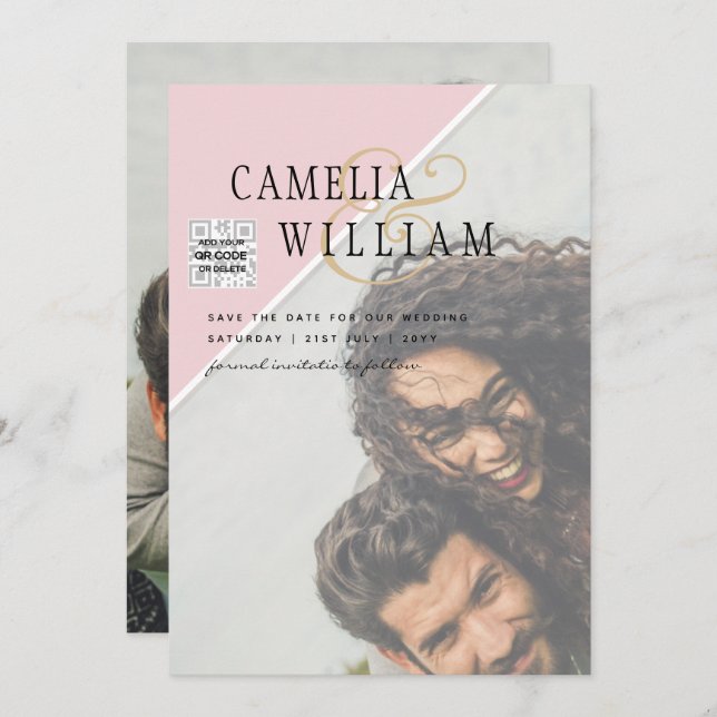 Convite de casamento FOTO moderno CÓDIGO QR RSVP B (Frente/Verso)