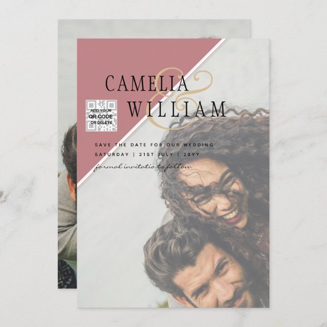 Convite de casamento FOTO moderno CÓDIGO QR RSVP D (Frente/Verso)