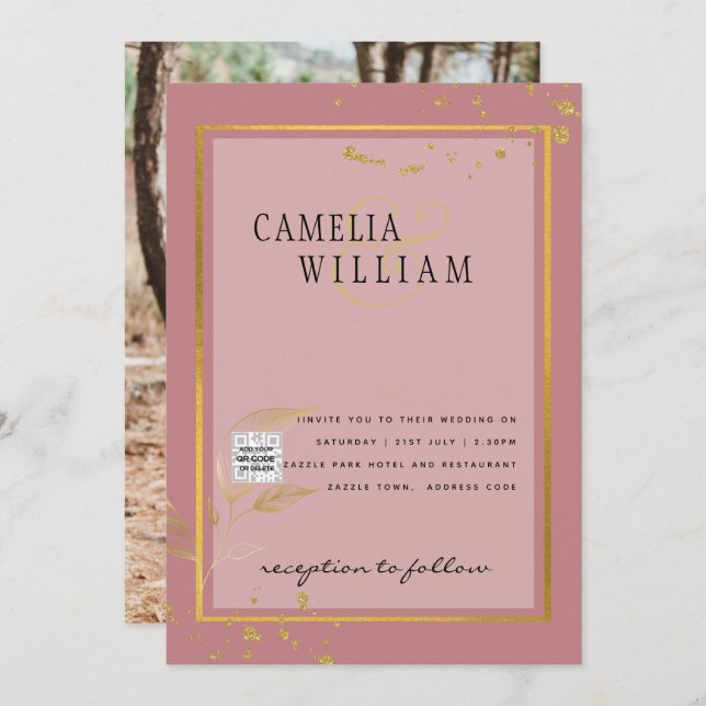 Convite de casamento FOTO moderno CÓDIGO QR RSVP D (Frente/Verso)