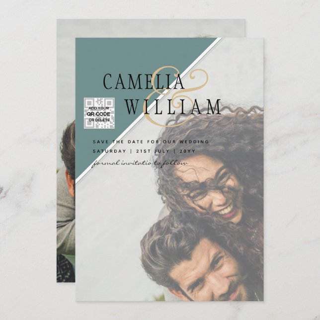 Convite de casamento FOTO Moderno CÓDIGO QR Rsvp V (Frente/Verso)