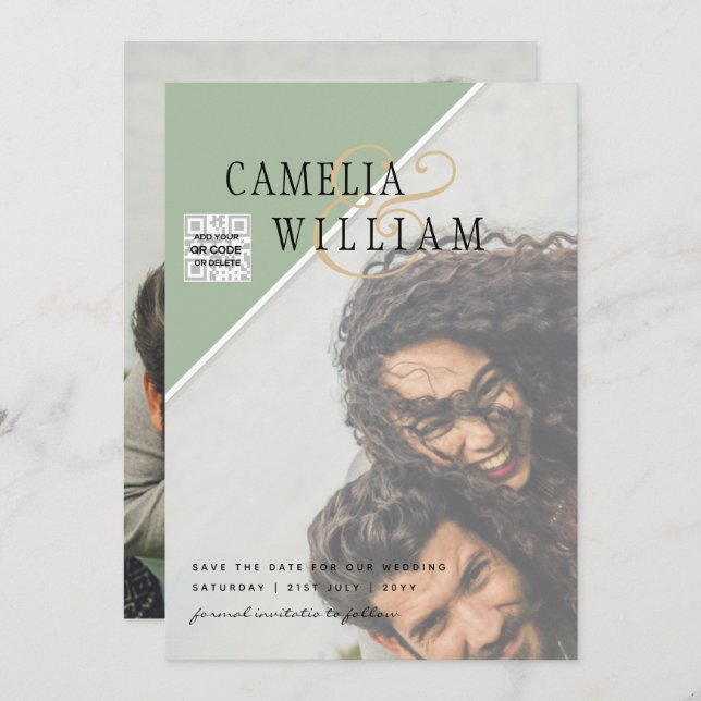 Convite de casamento FOTO Moderno CÓDIGO QR Rsvp V (Frente/Verso)