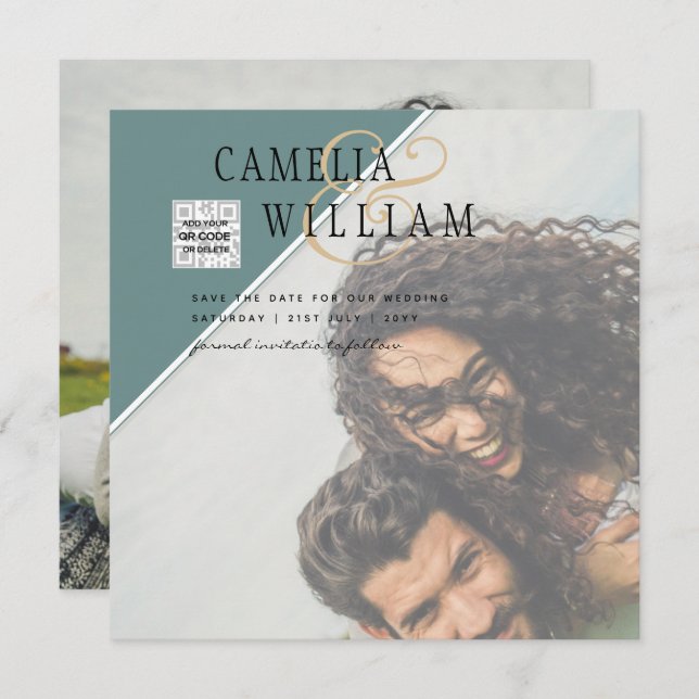 Convite de casamento FOTO Moderno CÓDIGO QR Rsvp V (Frente/Verso)