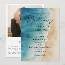Convite de Casamento Foto Oceano Azul Aquarela Cód