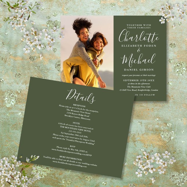 Convite de Casamento Foto Oliva Verde Orçamento Tu (Budget All In One Photo Olive Green Wedding Invite)