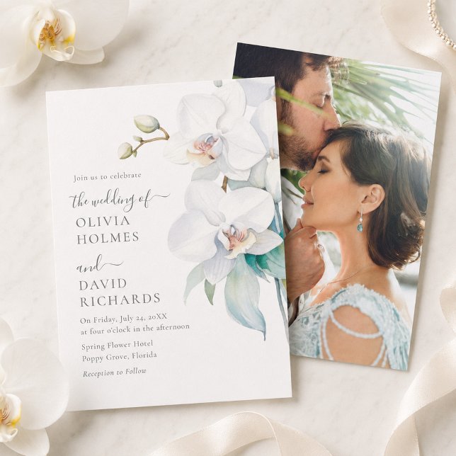 Convite de Casamento Foto Orquídea Branca Moderno  (Modern Elegant White Orchid Photo Wedding Invite)